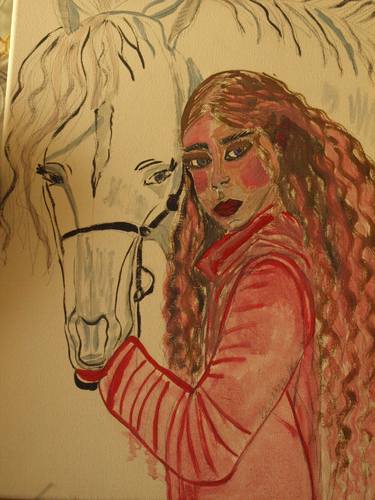 white, horse, girl, oil, colors, painting, canvas, nature thumb
