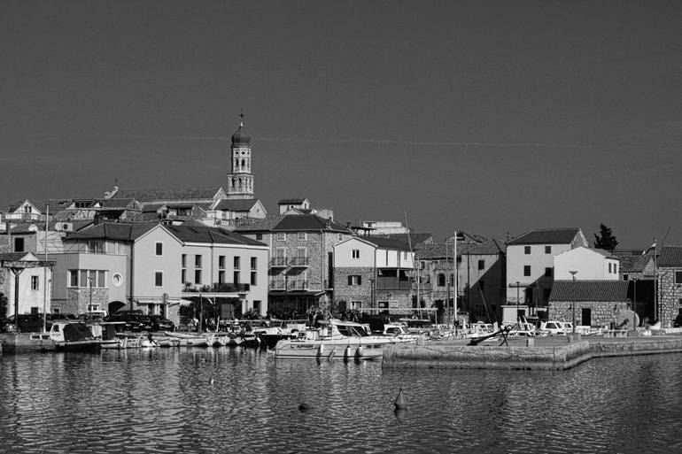 betina, croatia, seaside, black, white, minimalism photoart, architectura, town - Print