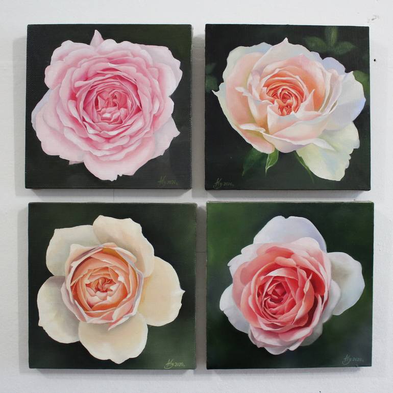 Four roses Gift original painting on canvas home office interior art ...