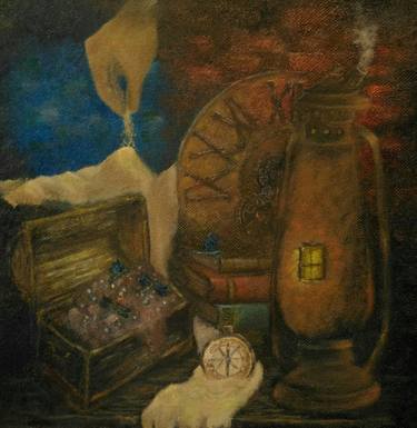 Original oil painting "Magic lamp" fantasy painting, brick wall, kerosene lamp. thumb