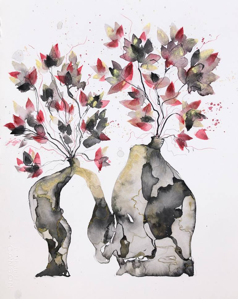 Original Botanic Painting by Laurence Germond | Abstract Art on Paper | Ikebana wabi sabi Series