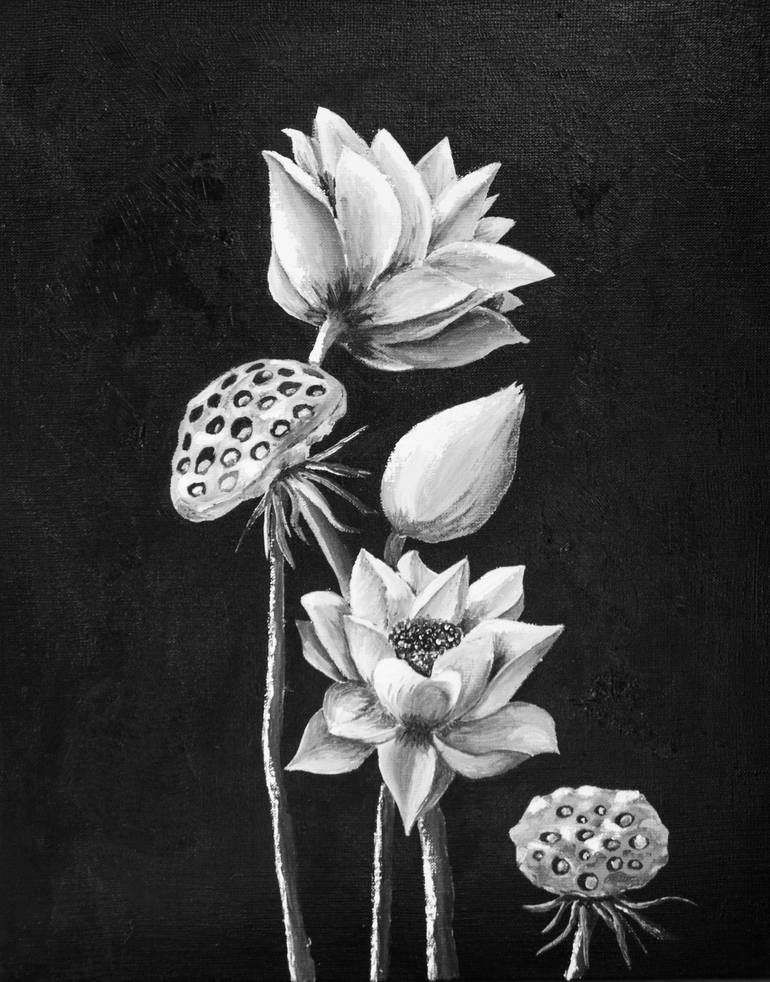 White Lotus Flowers On Black Painting By Anastacia Gaikova Saatchi Art