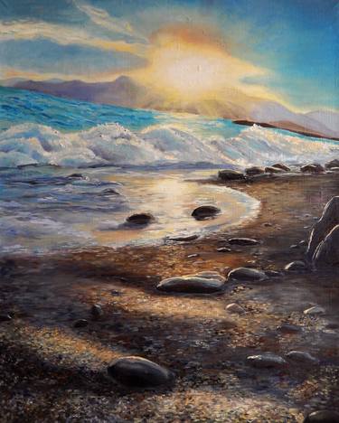 Sea. Sunset. Smile.  Seascape. Nature. Sunset. Waves roll to the shore, the sun is reflected in the water, the glare of the sun on the shore, on the sand, on wet stones. thumb