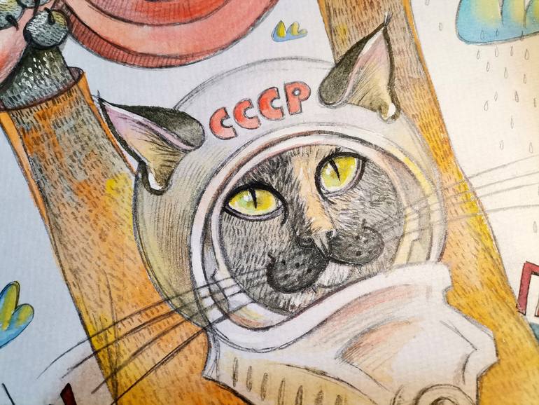 Original Illustration Cats Painting by Krada Zhan