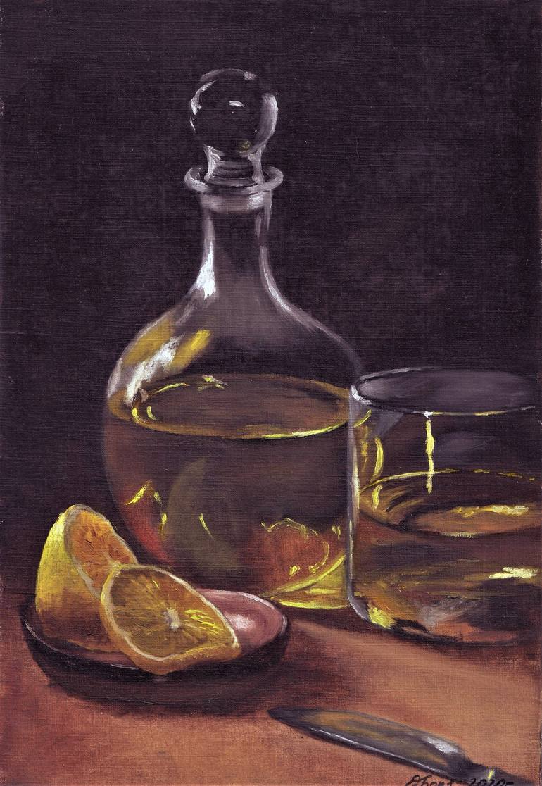 miniature artwork. Food and drink painting Oil still life Whiskey and Lime