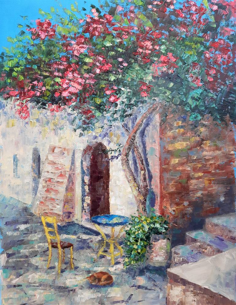 Summer cafe, white house in flowers, summer mood, sunny day, painting ...