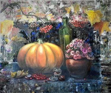 Autumn motives - a bright pumpkin in a dignified environment, oil painting, home decor, an original gift, an autumn still life. thumb