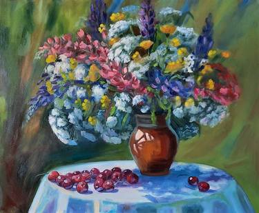 Bouquet with lupines– summer flowers in a clay pot, cherries on the table, sunny mood, oil still life, interior painting, realism. thumb