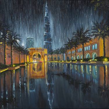 Dubai Burj Khalifa Rainy Night Scene Painting thumb