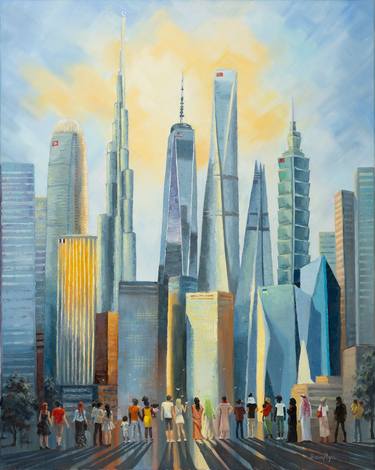 Future Cityscape Skyline Painting of Peace World Skyscrapers thumb
