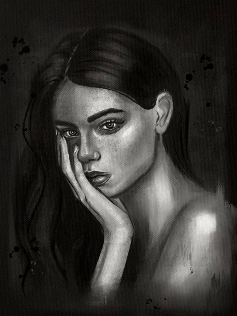 Sad girl in the dark Mixed Media by Ekaterina Kuzeneva | Saatchi Art