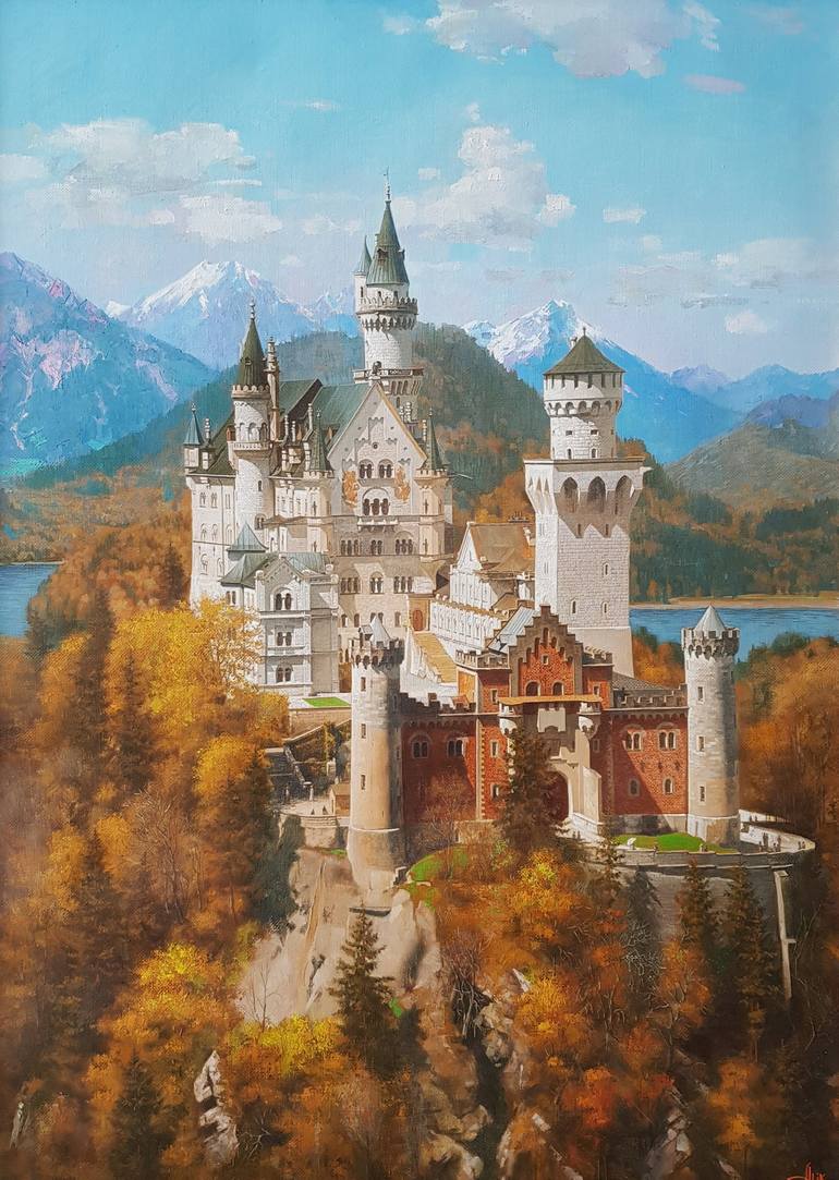 Neuschwanstein Castle, Landscape, oil paints Painting by Ilya