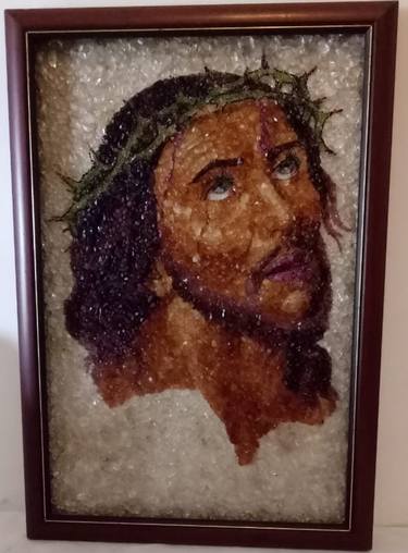 Jesus Head - Mosaic Art - Natural Rough Gemstones Studded Pictorial Artifact thumb