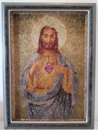 Jesus - Mosaic Art - Natural Rough Gemstones Studded Pictorial Artifact thumb