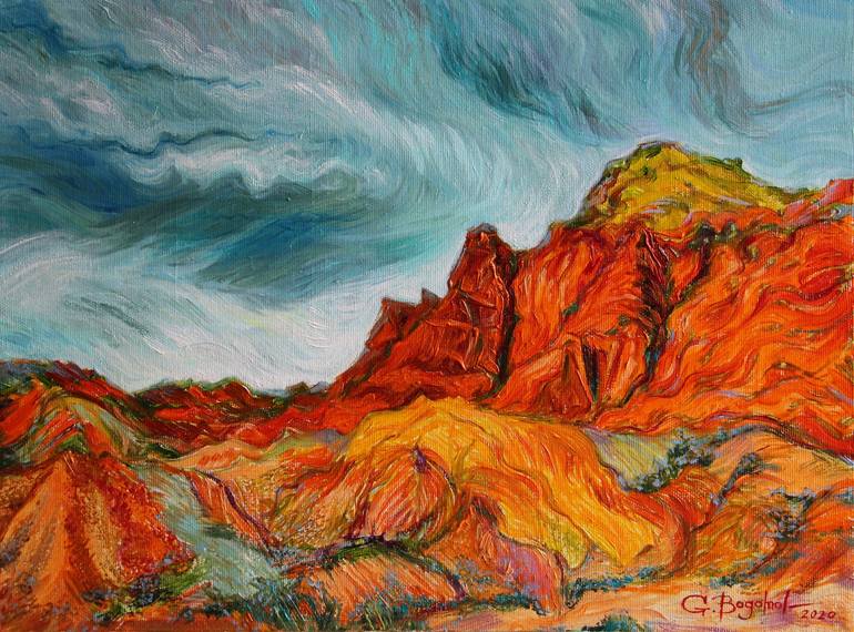 Original Landscape Painting by Gina Bogomol | Expressionism Art on Canvas | The Red Mountains of the Lake of Tears
