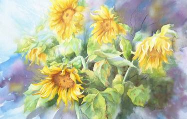 Ukrainian watercolor. Sunflowers. Morning bouquet. thumb