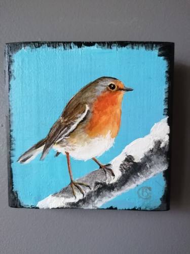 Robin on light blue thumb