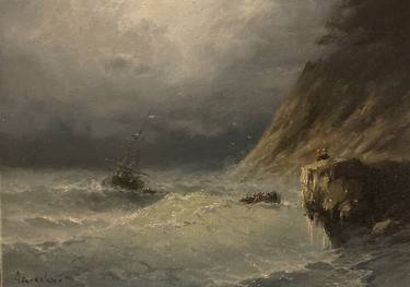 Tempest by rocky coast, Seascape, Oil on canvas thumb
