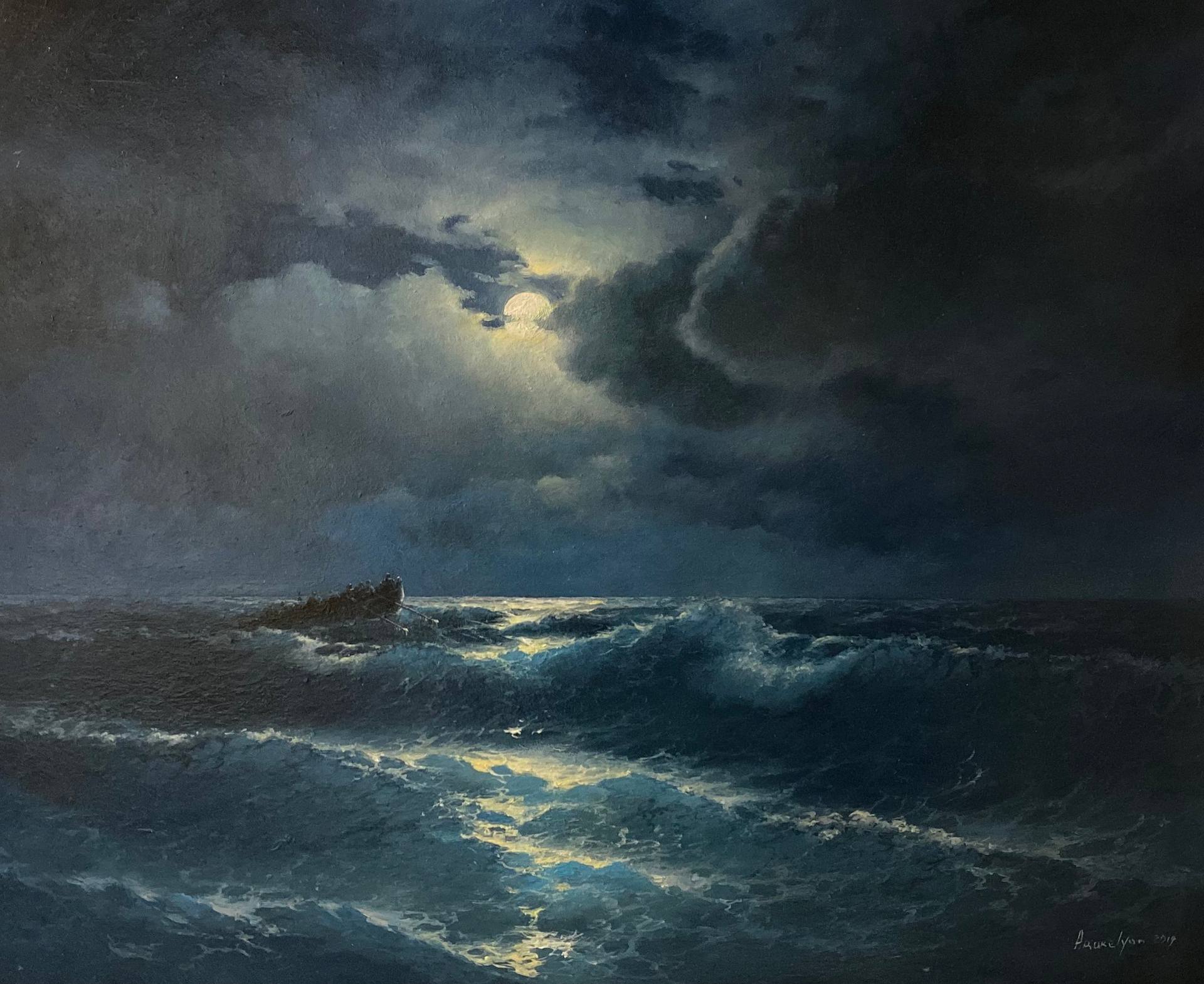 Storm in the night, Seascape, Oil on canvas, Large Size Museum