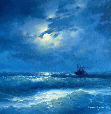 Sea on a moonlit night, Seascape, Oil on canvas Painting thumb