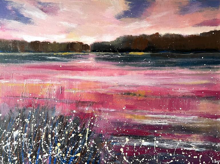 Original Landscape Painting by Olesya Bay | Contemporary Art on Canvas | In the Embrace of the Pink Lake