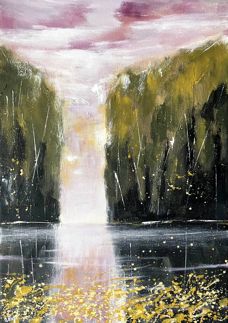 Mountain Lake Landscape with Pink Flowers Painting by Olesya Bay