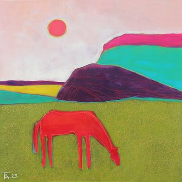 Landscape with a red horse. thumb