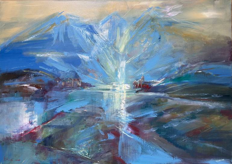 Original Landscape Painting by Irina Shmeleva | Abstract Expressionism Art on Canvas | Lake in the mountains