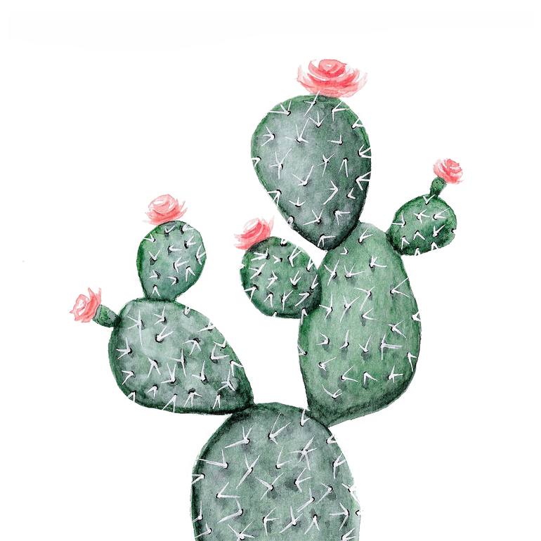 Flowering Prickly Pear Cactus Watercolor Painting Art Print Painting by ...