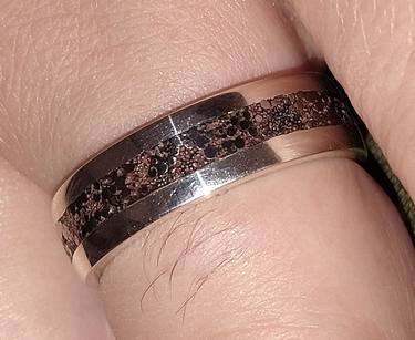 Silver ring with unique Iron-Composite center band thumb