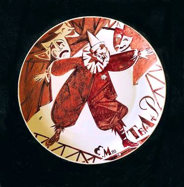 "Red clown". Rare series of ceramic plates devoted to Meyerhold's avant-garde theatre. Overglaze painting (2020) thumb