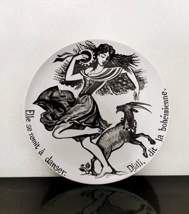 "A dance". A gypsy girl with a tambourine and a pet-goat. Ceramic, faience. Overglaze painting (2020) thumb