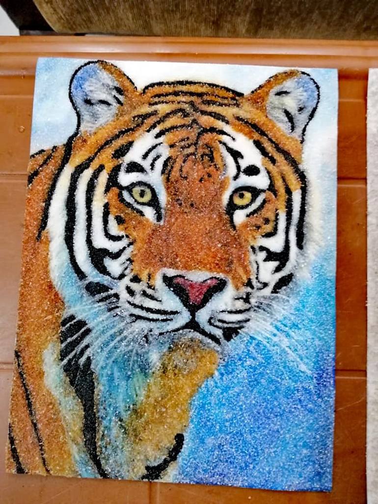 Tiger, Natural Gemstones Portrait Painting by Dinusha priyanath