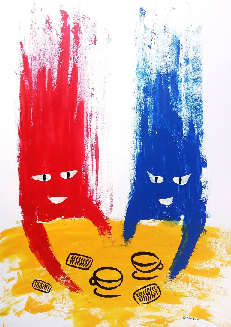 Tea drinking of two funny men behind a yellow tablecloth Painting by Dmytro  Rybin | Saatchi Art