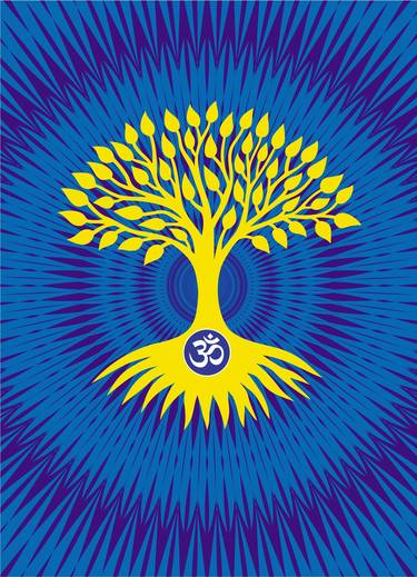 The tree of life with the sign Aum, Om against the background of a blue openwork mandala. Vector art graphics. thumb