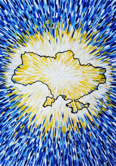 Map of Ukraine against the background of diverging rays. Sunrise. thumb