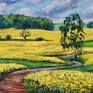 A fast, fresh, emotional landscape. The sun, the field, the wind and the yellow flowers are all in the picture "Yellow Field". The painting is made in oil on canvas, canvas on a stretcher, tools palette knife and brush.