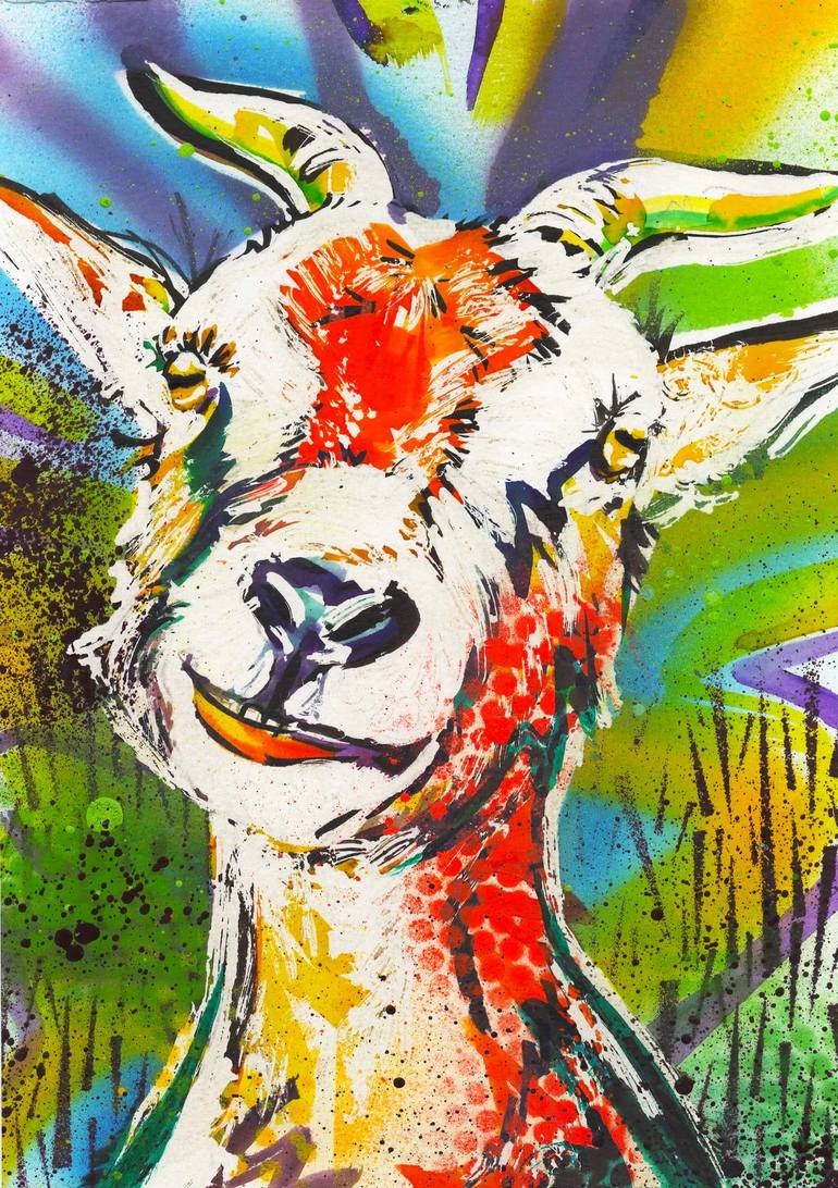 Painting on Canvas Colorful online Goat SIGNED