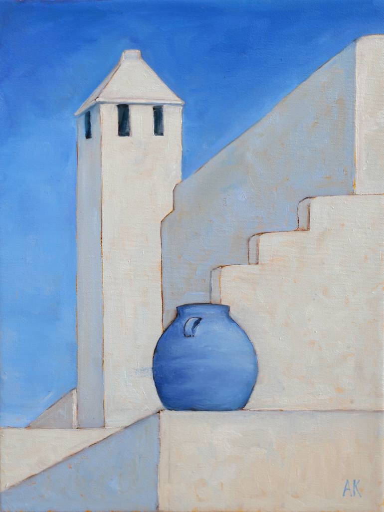 Original Architecture Painting by Alfia Koral | Realism Art on Canvas | Greek Harmony in Blue and White