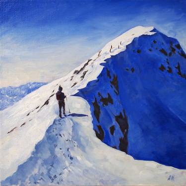 Сlimbing to the top - beautiful snowy landscape - one piece from the set *Explore the mountains* ready to hang original oil on canvas thumb
