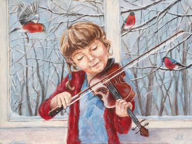 FIRST VIOLIN - A little girl plays a small violin, a music lesson on the background of a winter landscape outside the window, red birds on tree branch thumb