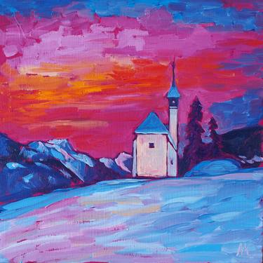WINTER SUNSET - Beautiful snowy twilight view, white church, blue hour at dusk thumb