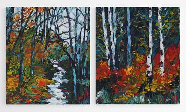 The Magic of Fall Colors - SET OF 2 PAINTINGS - impasto textured original oil diptych, fall stream landscape thumb
