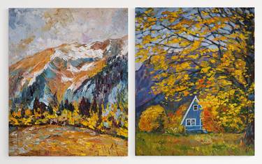Golden Fall - SET OF 2 PAINTINGS- ready to hang - impasto textured original oil diptych landscape thumb