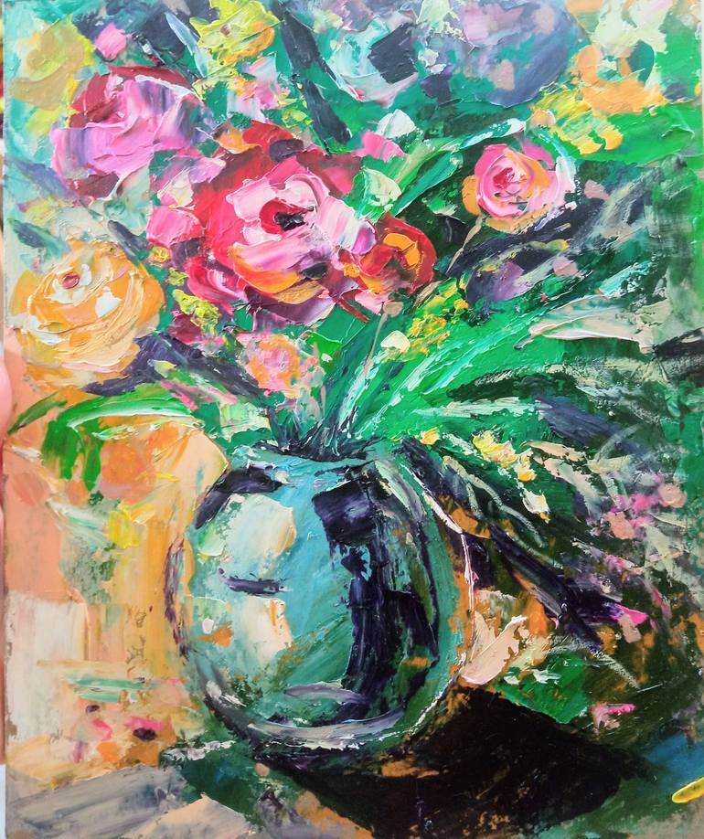 Roses Flowers Abstract Oil Painting Impasto Bouquet Still Life