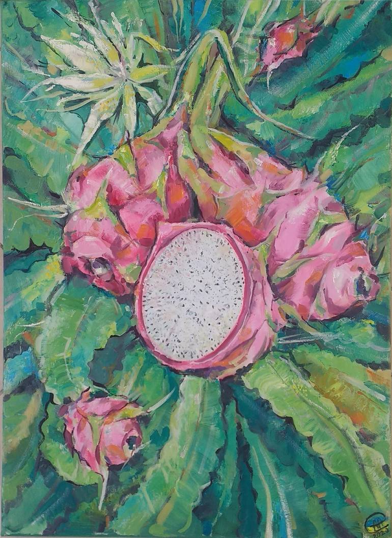 Pitahaya fruit oil painting Dragon fruit wall art abstract exotic fruit ...