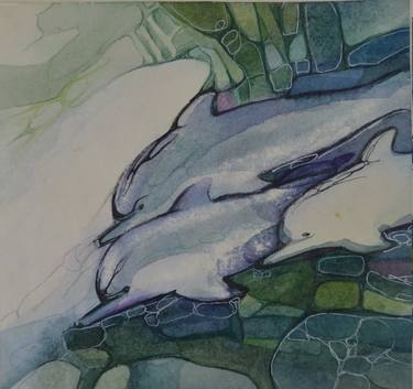 Painting Dolphins. Vintage Art sea dolphins. Watercolor art nautical. Original Art home decor thumb