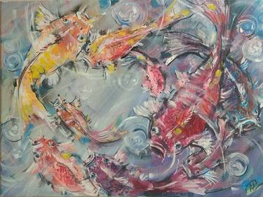 9 colored fish koi, original oil painting. fish Art, to bring financial well-being   koi fish  fancy carp thumb