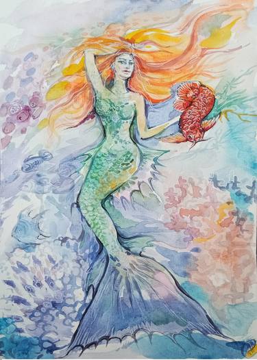 Watercolor Little Mermaid with Arowana Fish thumb