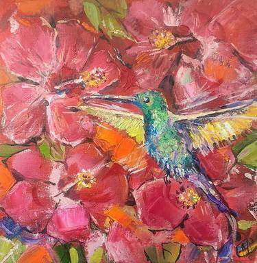 Hummingbirds impasto oil painting, kolybry bird in hibiscus flowers, 8" by 8" art on stretched canvas thumb